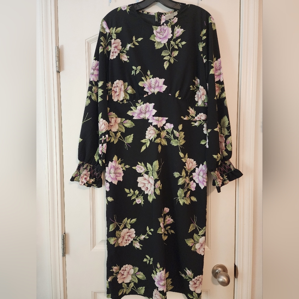 Asos Black Pink Green Floral Dress Sz 12 Career Whimsy Boho Cottagecore New